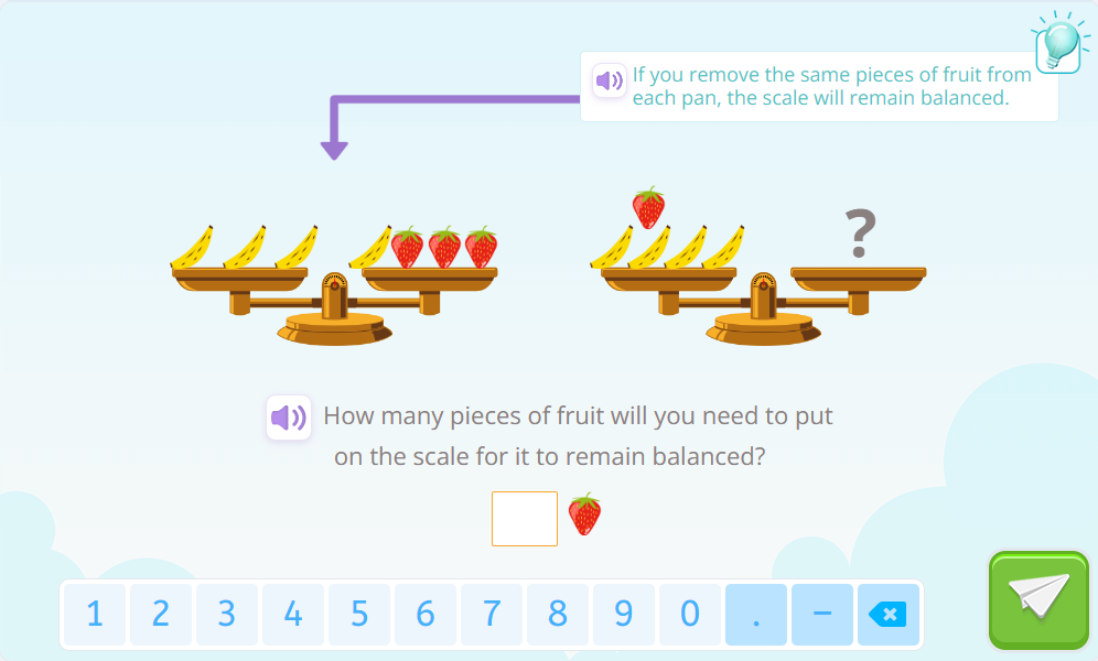 Exercise in which there are two scales and you have to find how many strawberries you have to put on the right plate of one of the scales so that it is balanced.