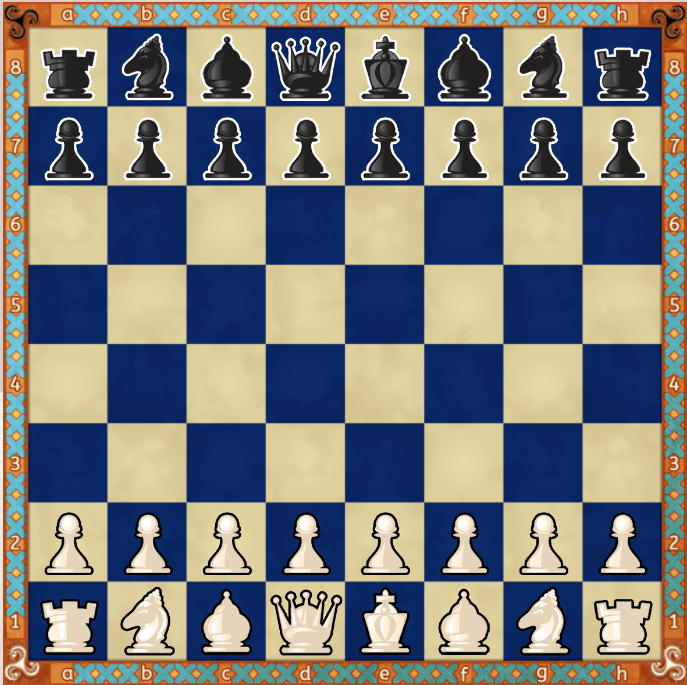Chessboard. It has 8 by 8 squares alternating between blue and light yellow.