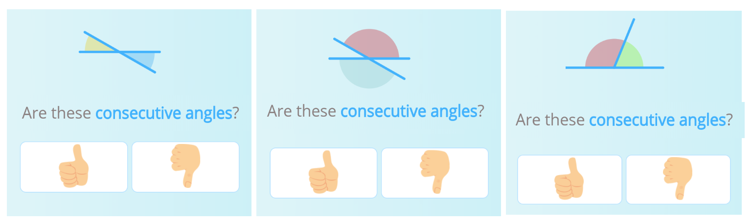 An image showing three cases where consecutive angles need to be identified. 