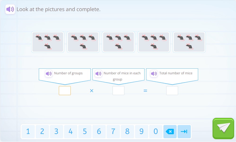 Multiplication activity understood as the sum of groups of the same number.