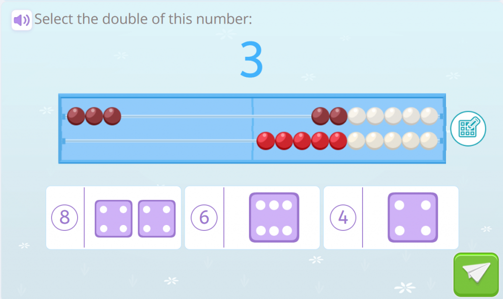 Multiplication activities. It is asked to mark the double of 3 with the support of a rekenrek with 3 balls already placed.