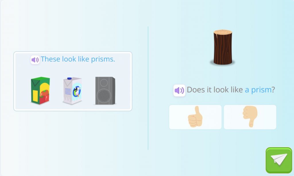 An exercise with examples of real-life objects that resemble prisms and asks if a cut tree trunk is a prism.