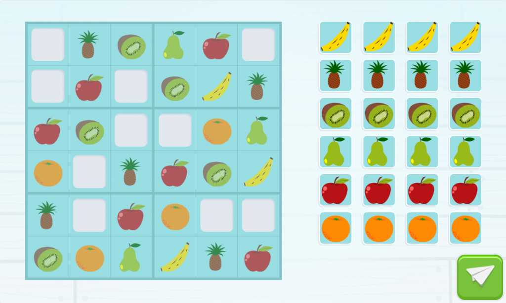 Example of sudoku on a 6 by 6 grid to be filled in with 6 types of fruit.