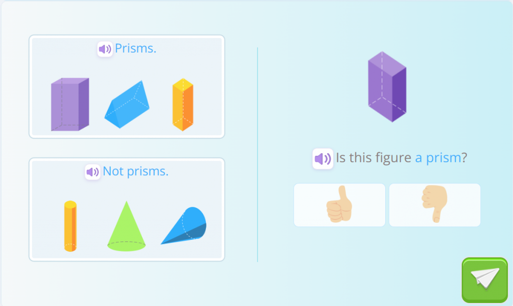 Examples of what is a prism and what is not a prism are given and a question is asked if a figure is a prism. The figure being asked has two rectangular bases joined by side faces that are also rectangles.