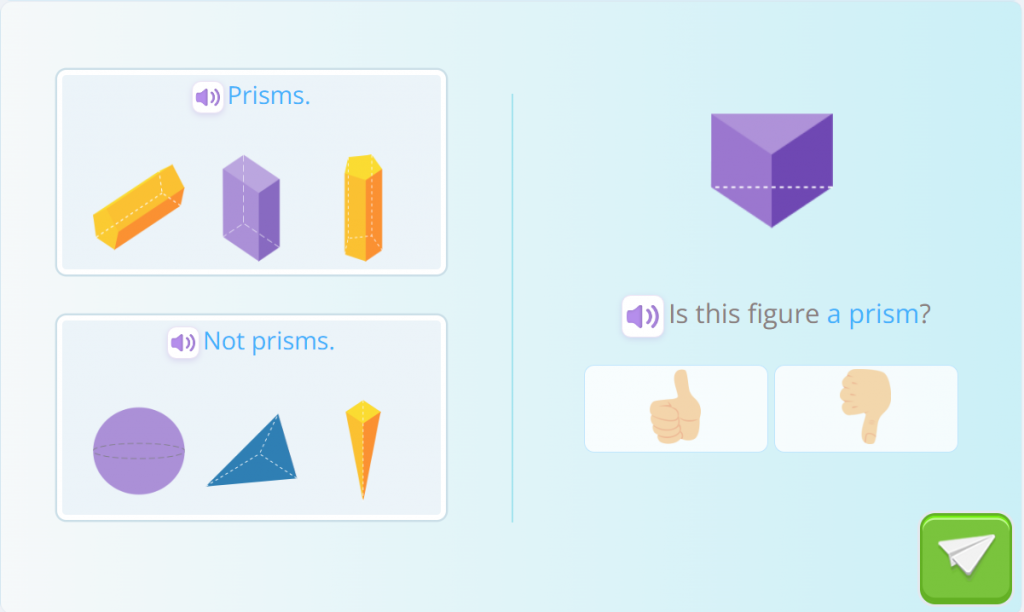 Examples of what is a prism and what is not a prism are given and a question is asked if a figure is a prism. The figure being asked has two triangular bases joined by side faces that are rectangles.