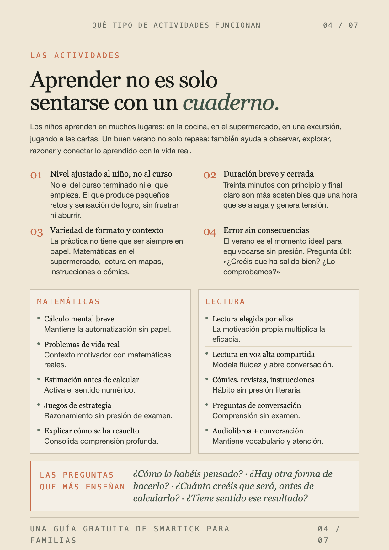 Página de la guía: qué actividades funcionan